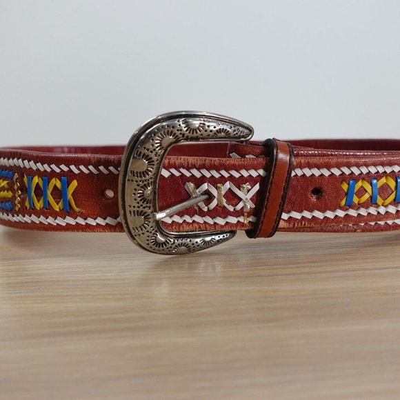 Belt‎ Womens Brown Leather Western Buckle XS Native Cowgirl Aztec Hippie Tribal main image 4